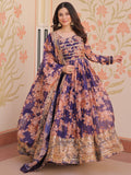 Glamorous Purple Floral Printed Silk Festival Wear Gown With Dupatta