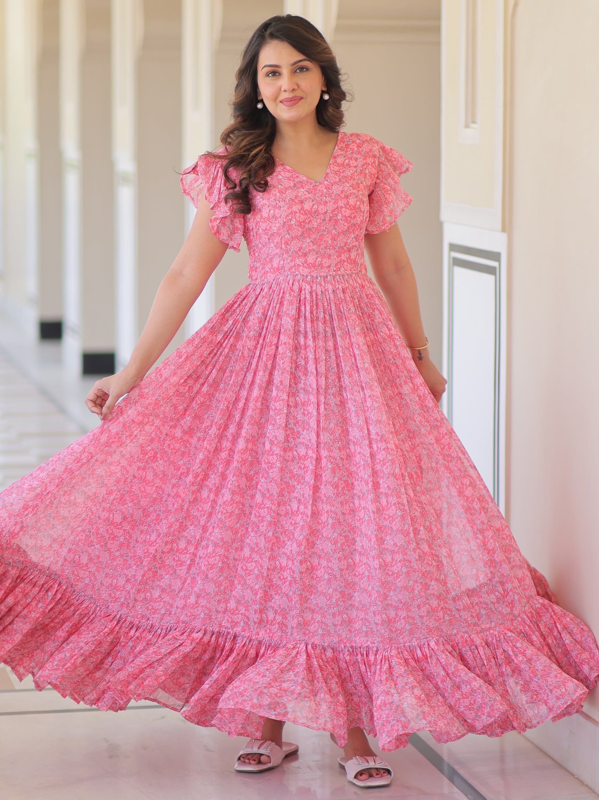 Tantalizing Pink Digital Printed Georgette Western Dress