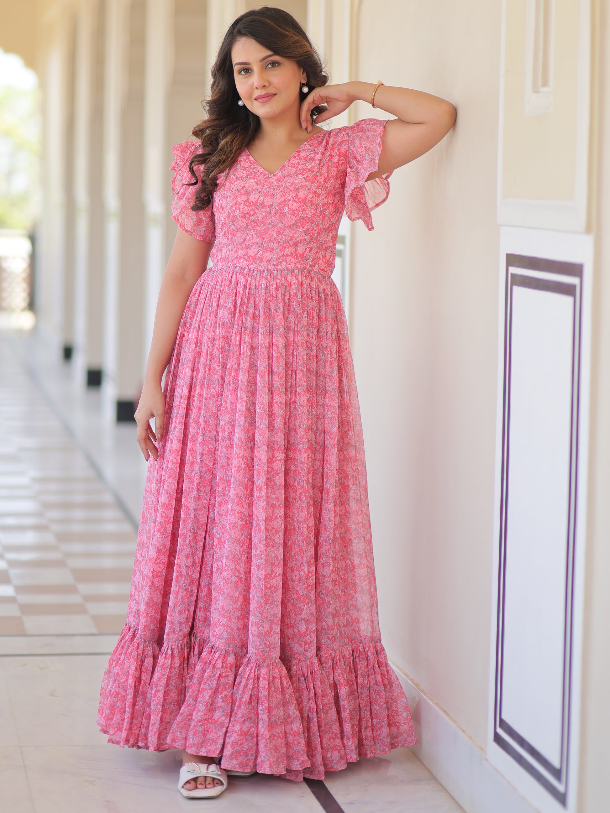 Tantalizing Pink Digital Printed Georgette Western Dress