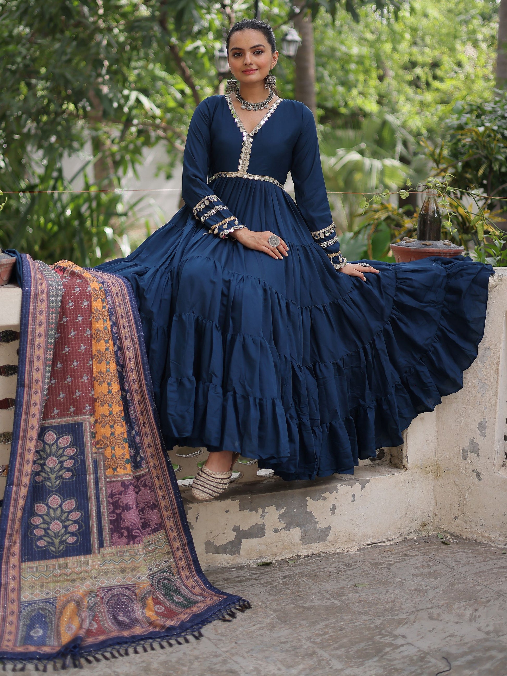 Incredible Blue Roman Silk Festive Wear Gown With Printed Dupatta