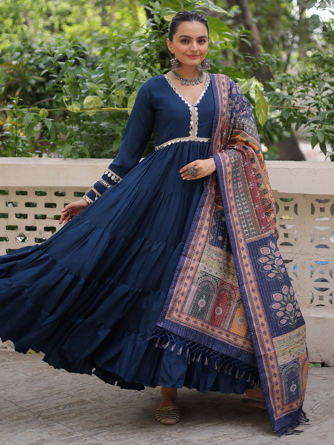 Incredible Blue Roman Silk Festive Wear Gown With Printed Dupatta