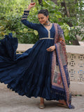 Incredible Blue Roman Silk Festive Wear Gown With Printed Dupatta
