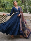Incredible Blue Roman Silk Festive Wear Gown With Printed Dupatta