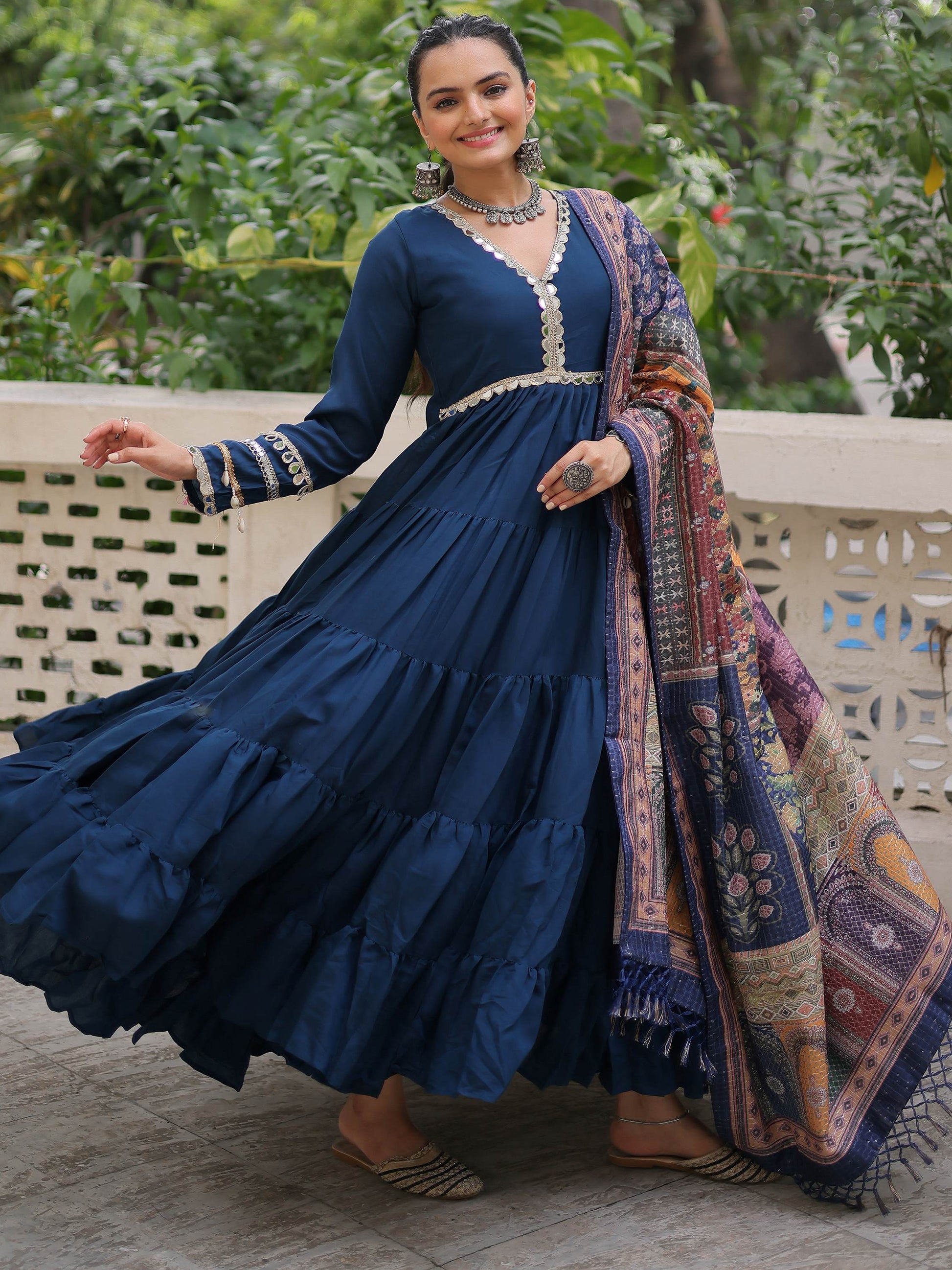 Incredible Blue Roman Silk Festive Wear Gown With Printed Dupatta