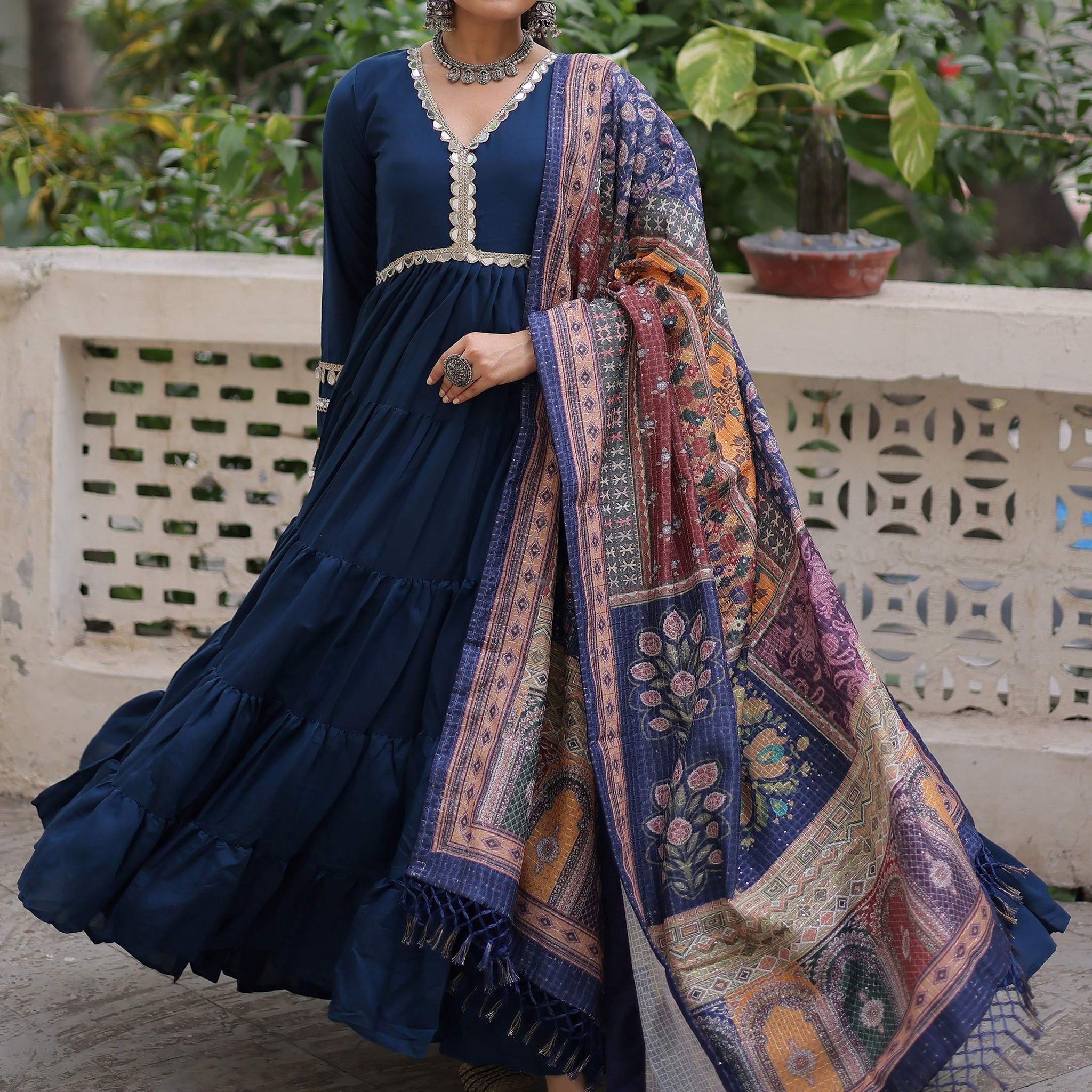 Incredible Blue Roman Silk Festive Wear Gown With Printed Dupatta