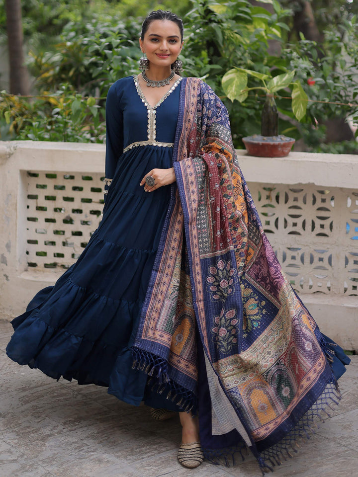 Incredible Blue Roman Silk Festive Wear Gown With Printed Dupatta
