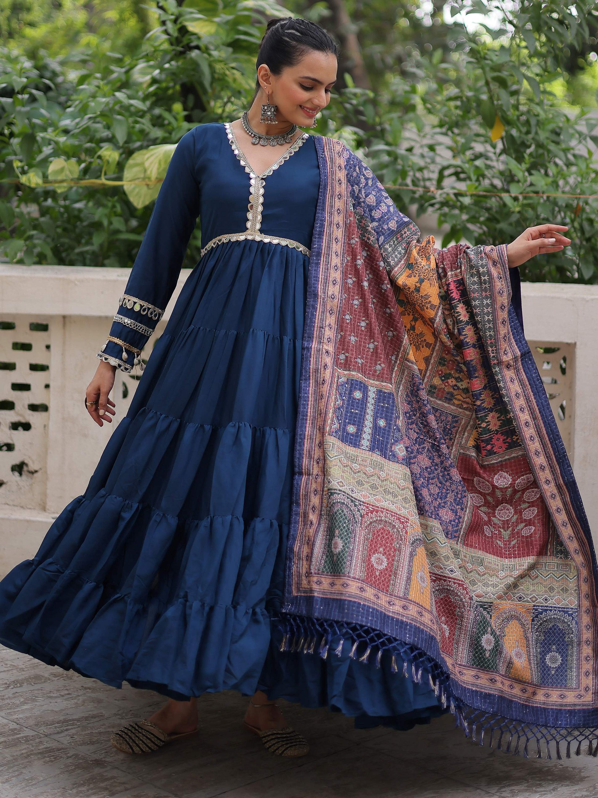 Incredible Blue Roman Silk Festive Wear Gown With Printed Dupatta
