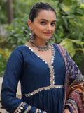 Incredible Blue Roman Silk Festive Wear Gown With Printed Dupatta