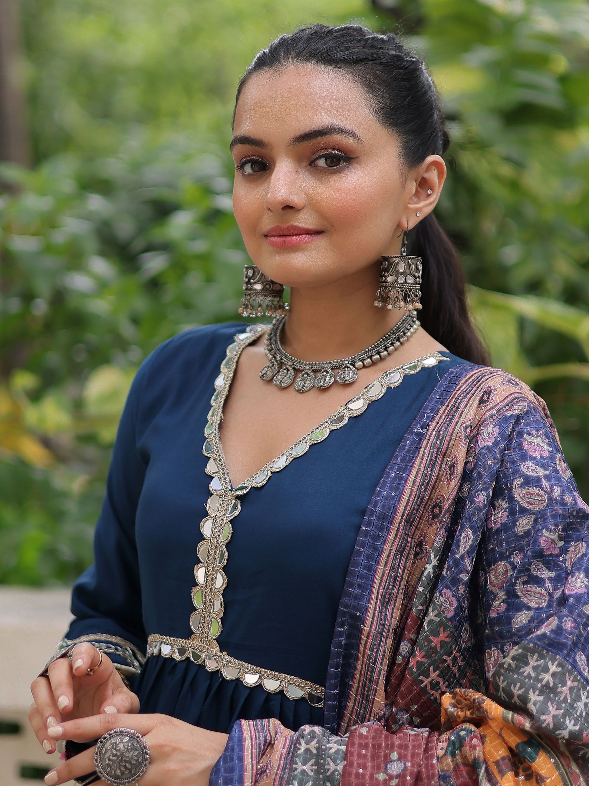 Incredible Blue Roman Silk Festive Wear Gown With Printed Dupatta
