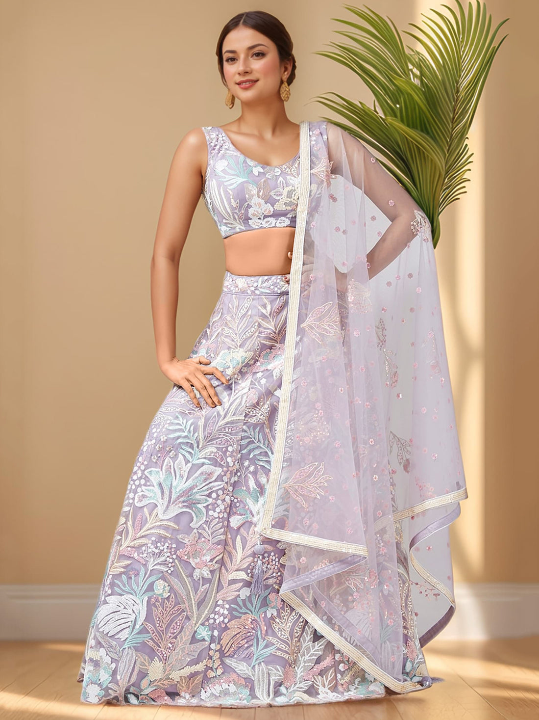 Wonderful Lavender Sequins Net Designer Lehenga Choli With Dupatta