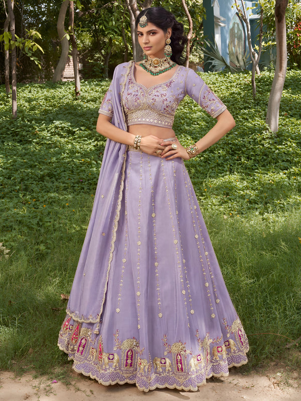 Elegant Lavender Embroidered Silk Bridesmaid Lehenga Choli