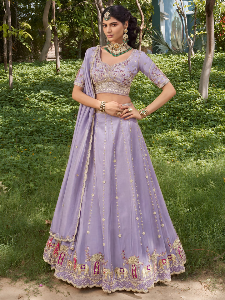 Elegant Lavender Embroidered Silk Bridesmaid Lehenga Choli