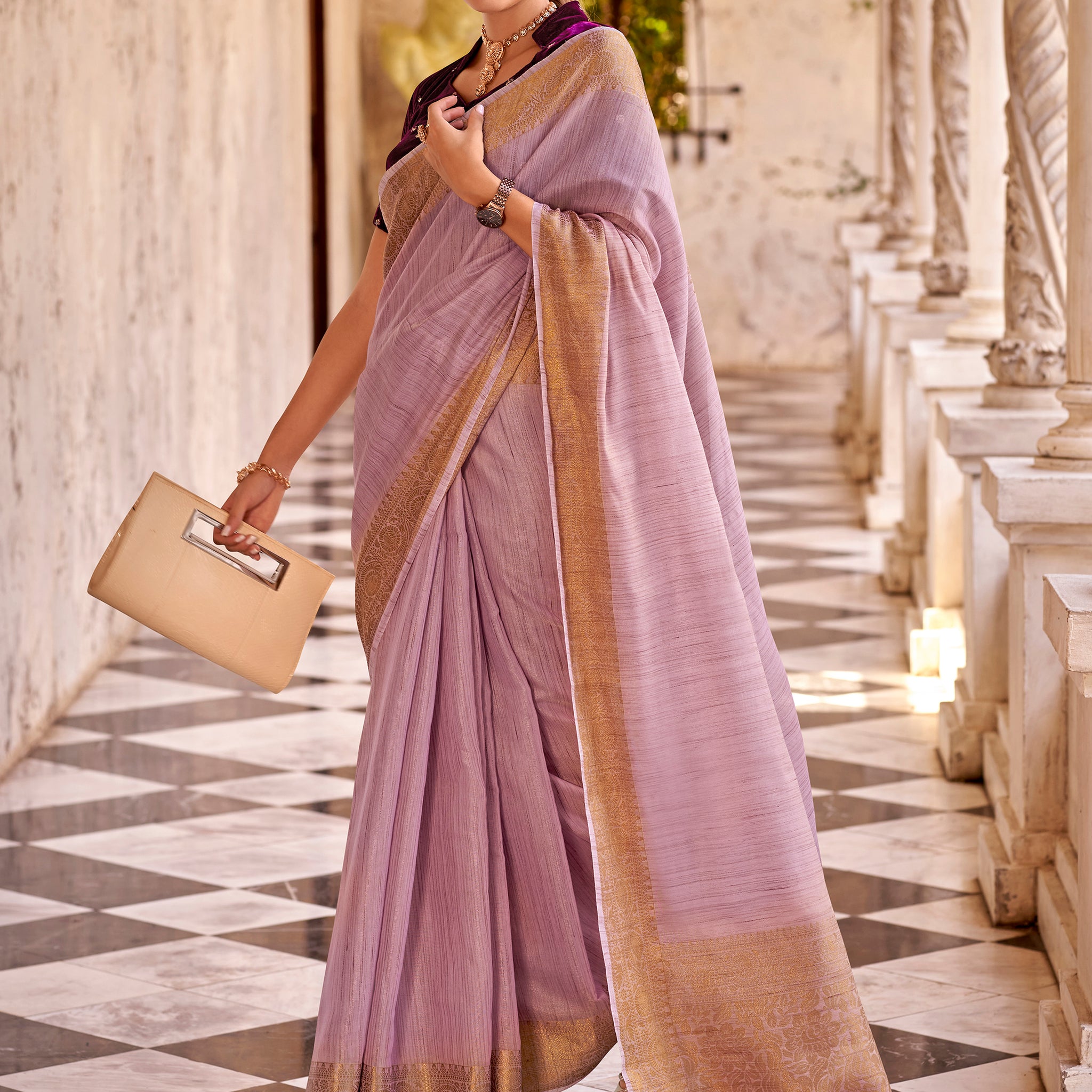 Charming Lilac Zari Weaving Tissue Silk Event Wear Saree With Blouse