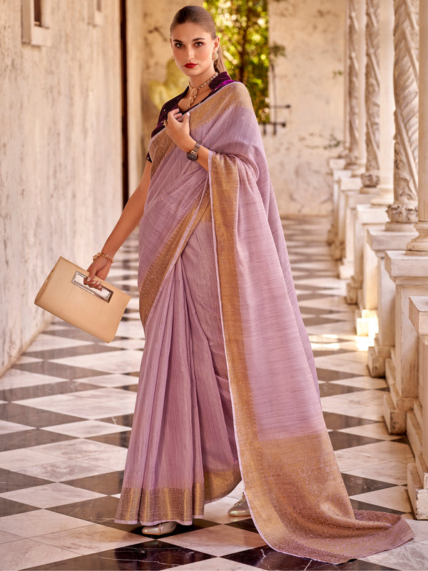 Charming Lilac Zari Weaving Tissue Silk Event Wear Saree With Blouse