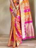 Pretty Multi-Color Zari Weaving Banarasi Silk Designer Saree With Pink Blouse