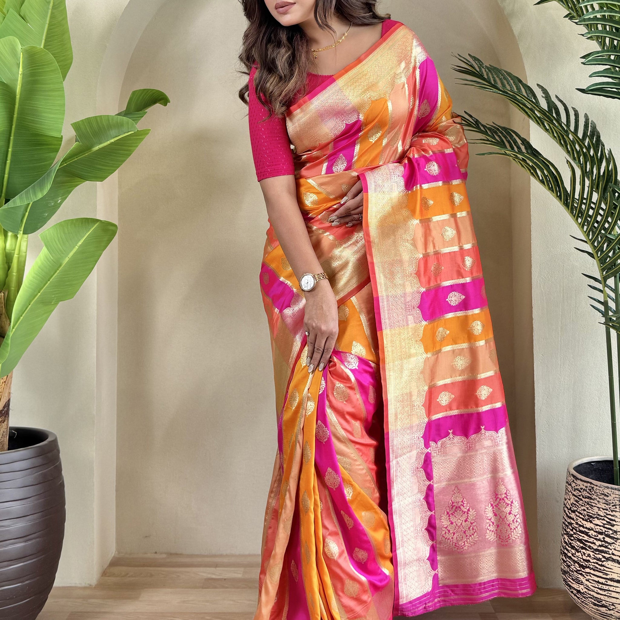 Pretty Multi-Color Zari Weaving Banarasi Silk Designer Saree With Pink Blouse