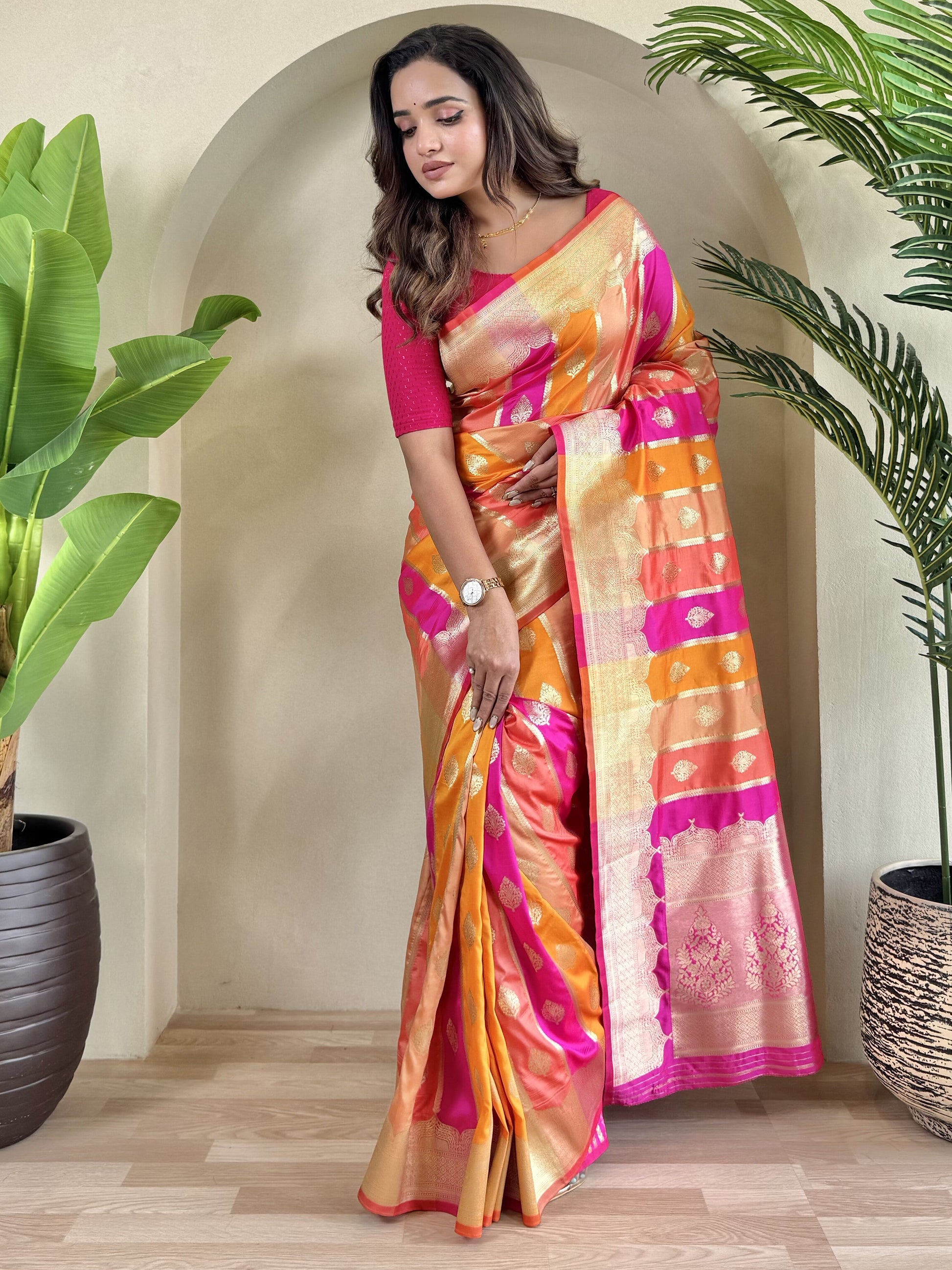 Pretty Multi-Color Zari Weaving Banarasi Silk Designer Saree With Pink Blouse