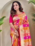 Pretty Multi-Color Zari Weaving Banarasi Silk Designer Saree With Pink Blouse
