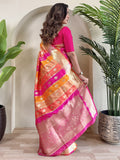 Pretty Multi-Color Zari Weaving Banarasi Silk Designer Saree With Pink Blouse