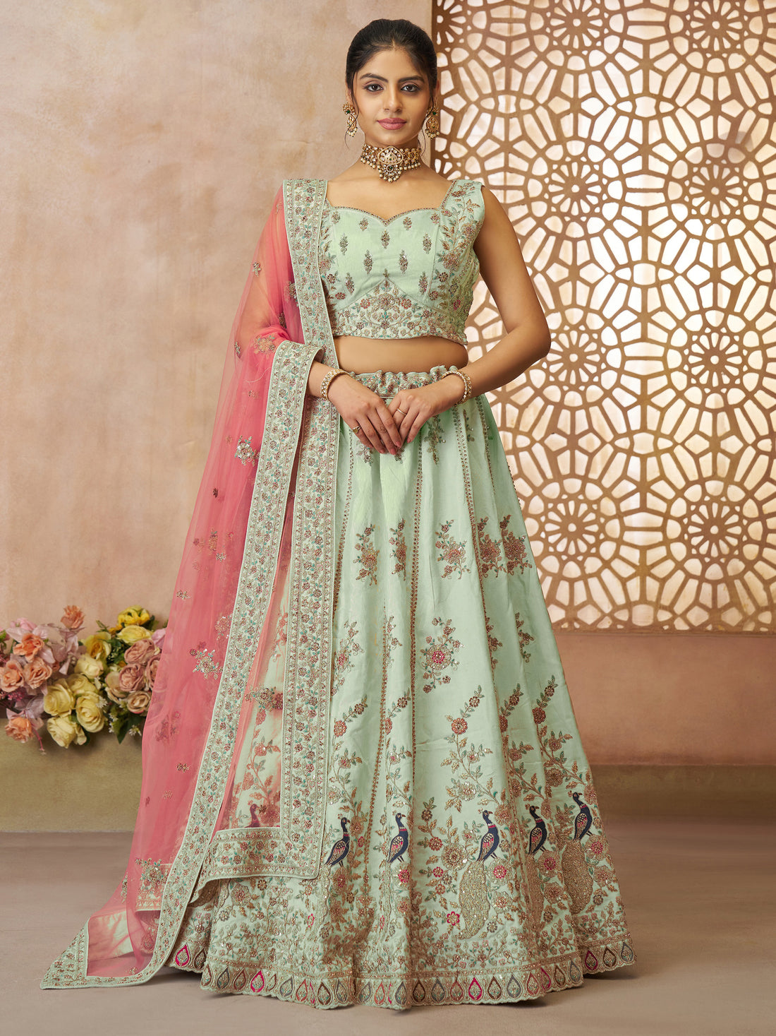 Lovely Pista Green Thread Work Silk Wedding Lehenga Choli With Dupatta