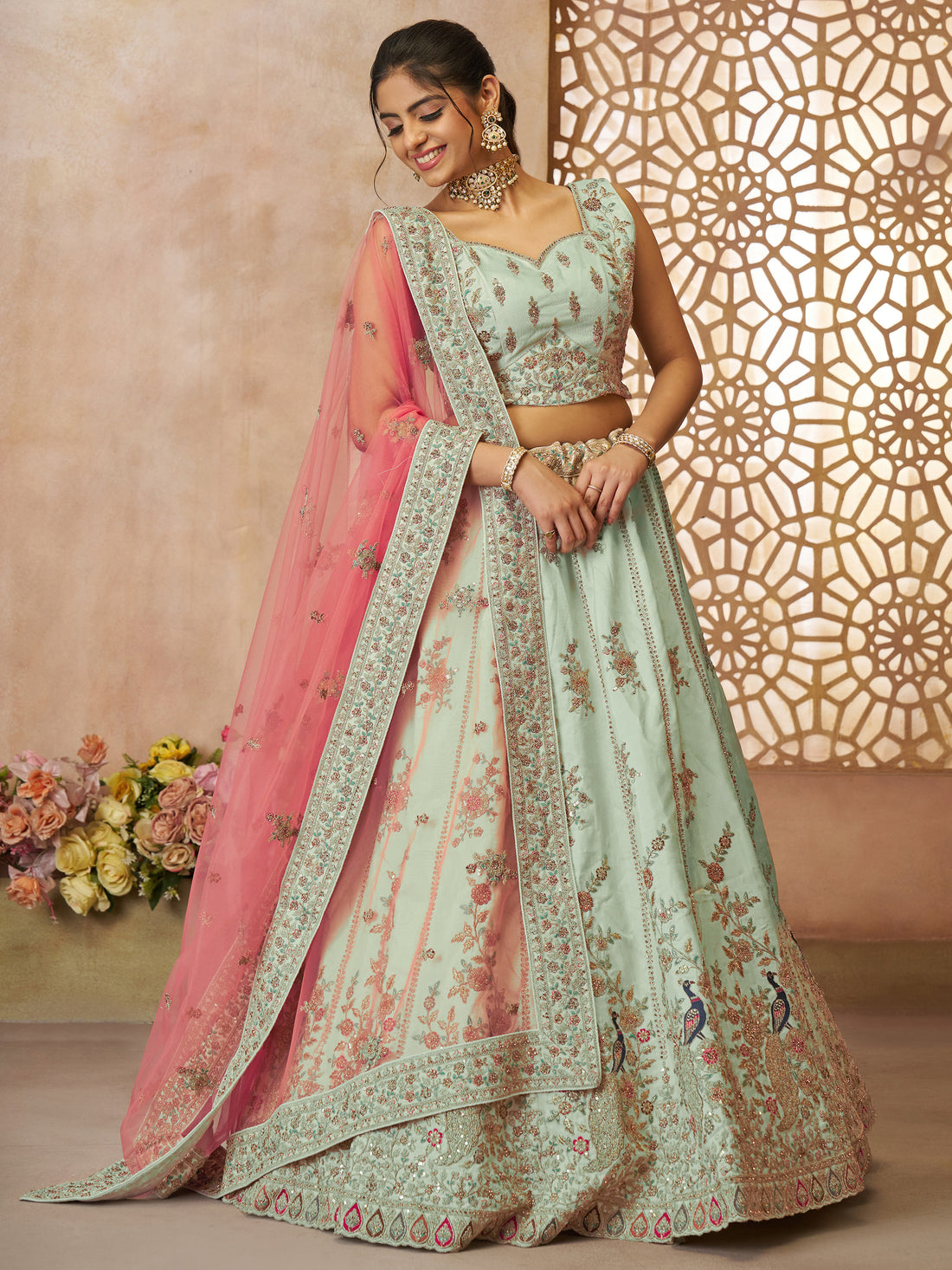 Lovely Pista Green Thread Work Silk Wedding Lehenga Choli With Dupatta