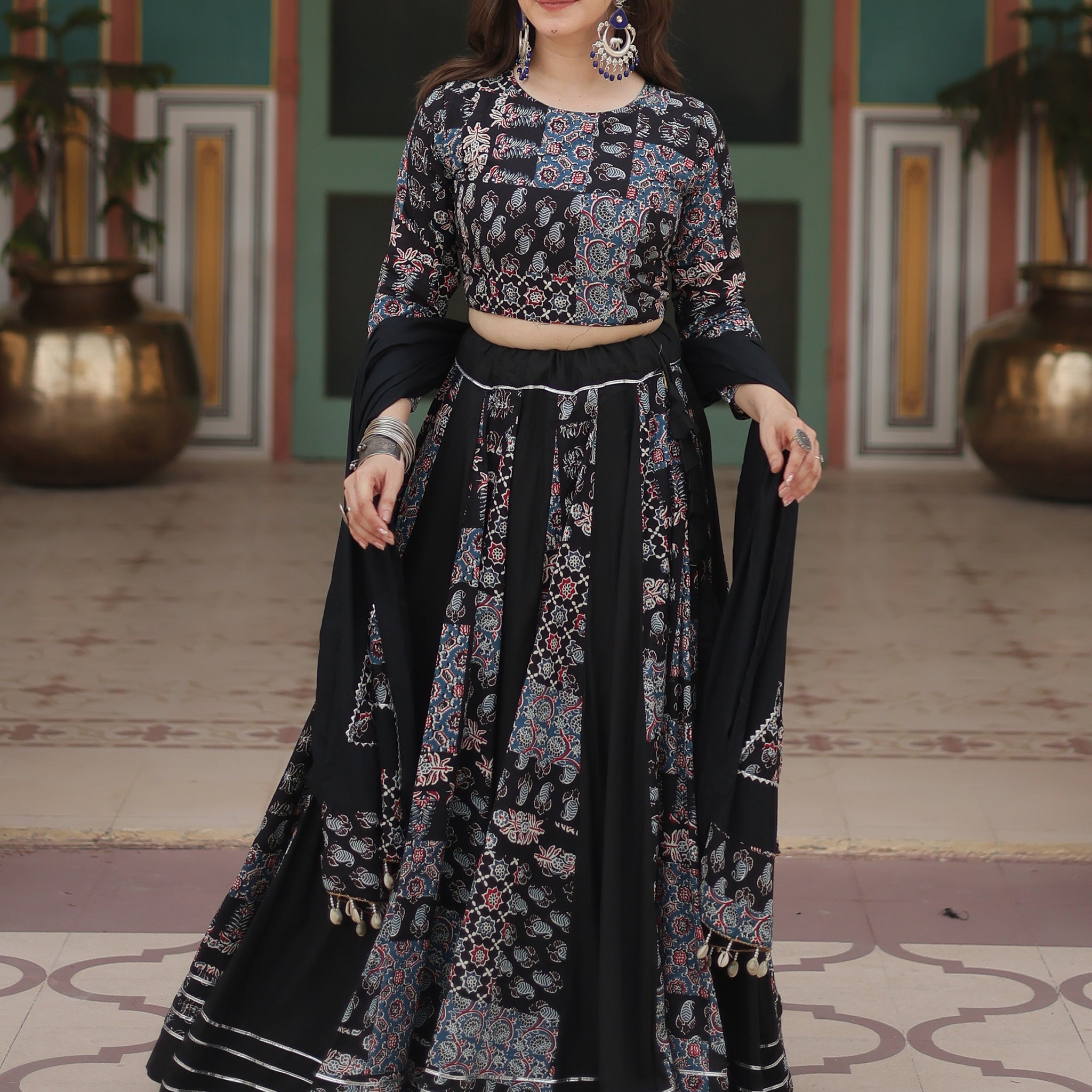 Stunning Black Digital Printed Rayon Navratri Wear Lehenga Choli