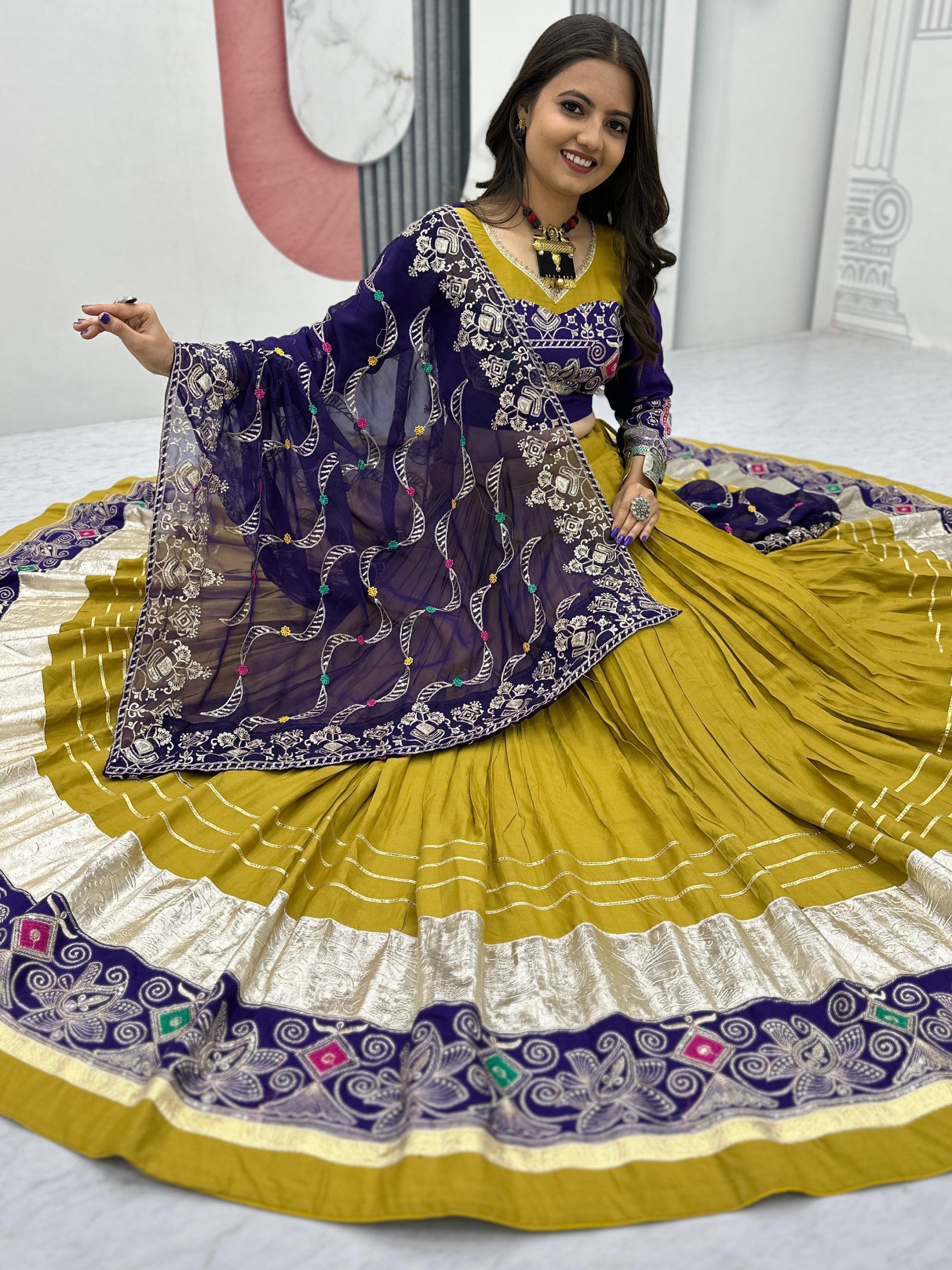 Alluring Mustard Yellow Embroidered Cotton Navratri Special Lehenga Choli