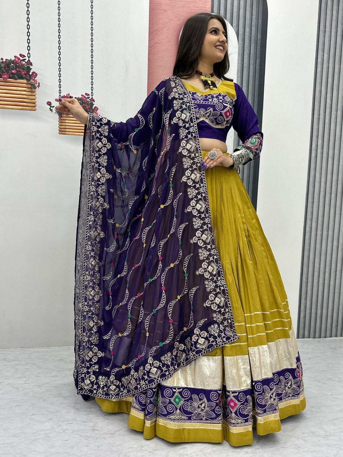 Alluring Mustard Yellow Embroidered Cotton Navratri Special Lehenga Choli