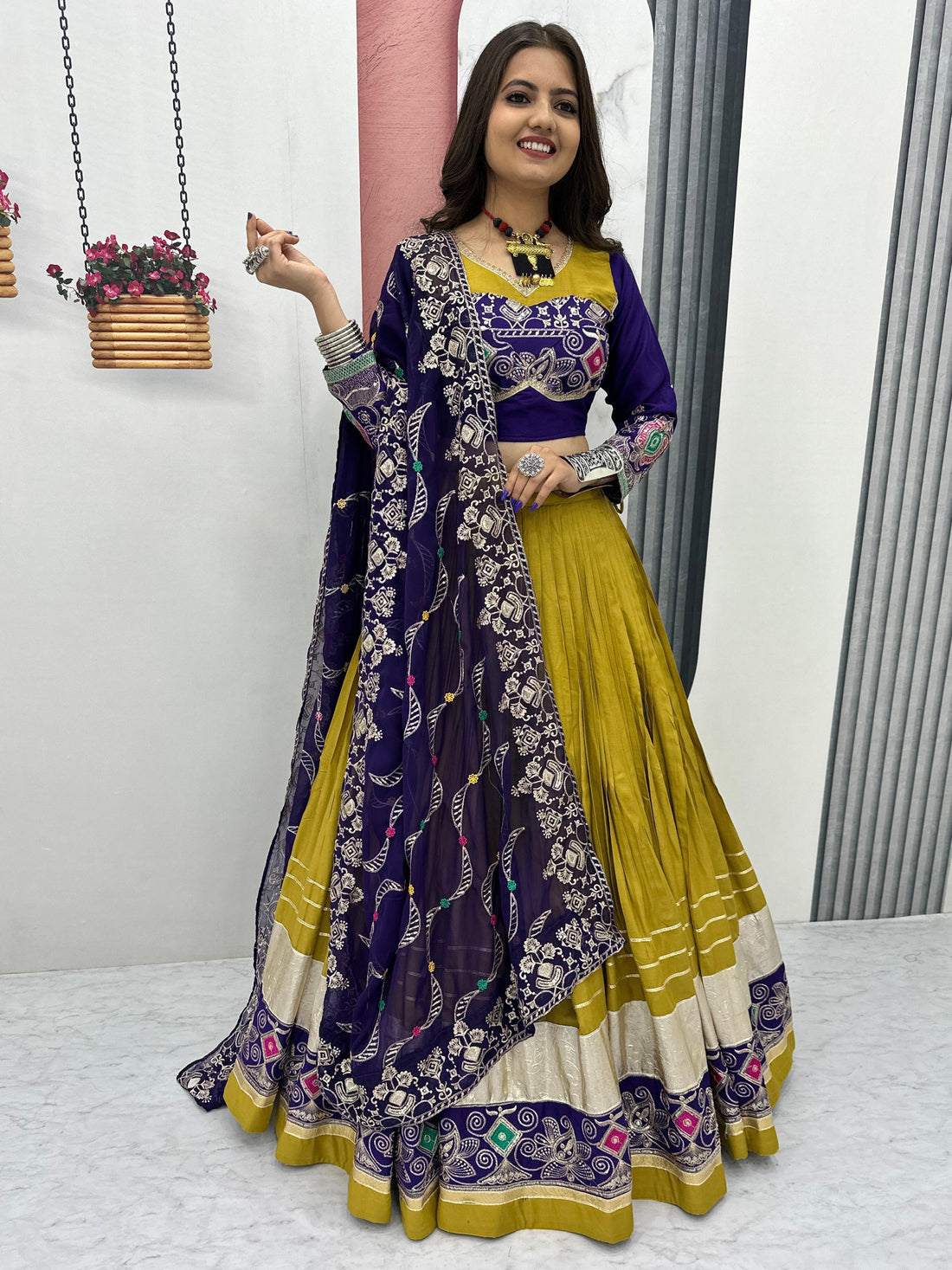 Alluring Mustard Yellow Embroidered Cotton Navratri Special Lehenga Choli