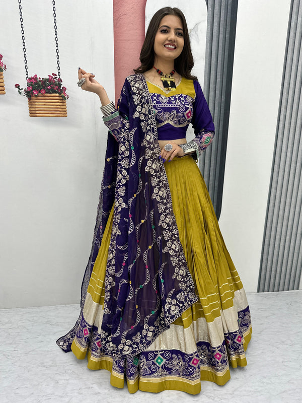 Alluring Mustard Yellow Embroidered Cotton Navratri Special Lehenga Choli