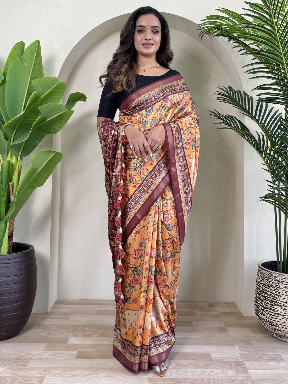 Stunning Orange Pichwai Printed Viscose Silk Office Wear Saree