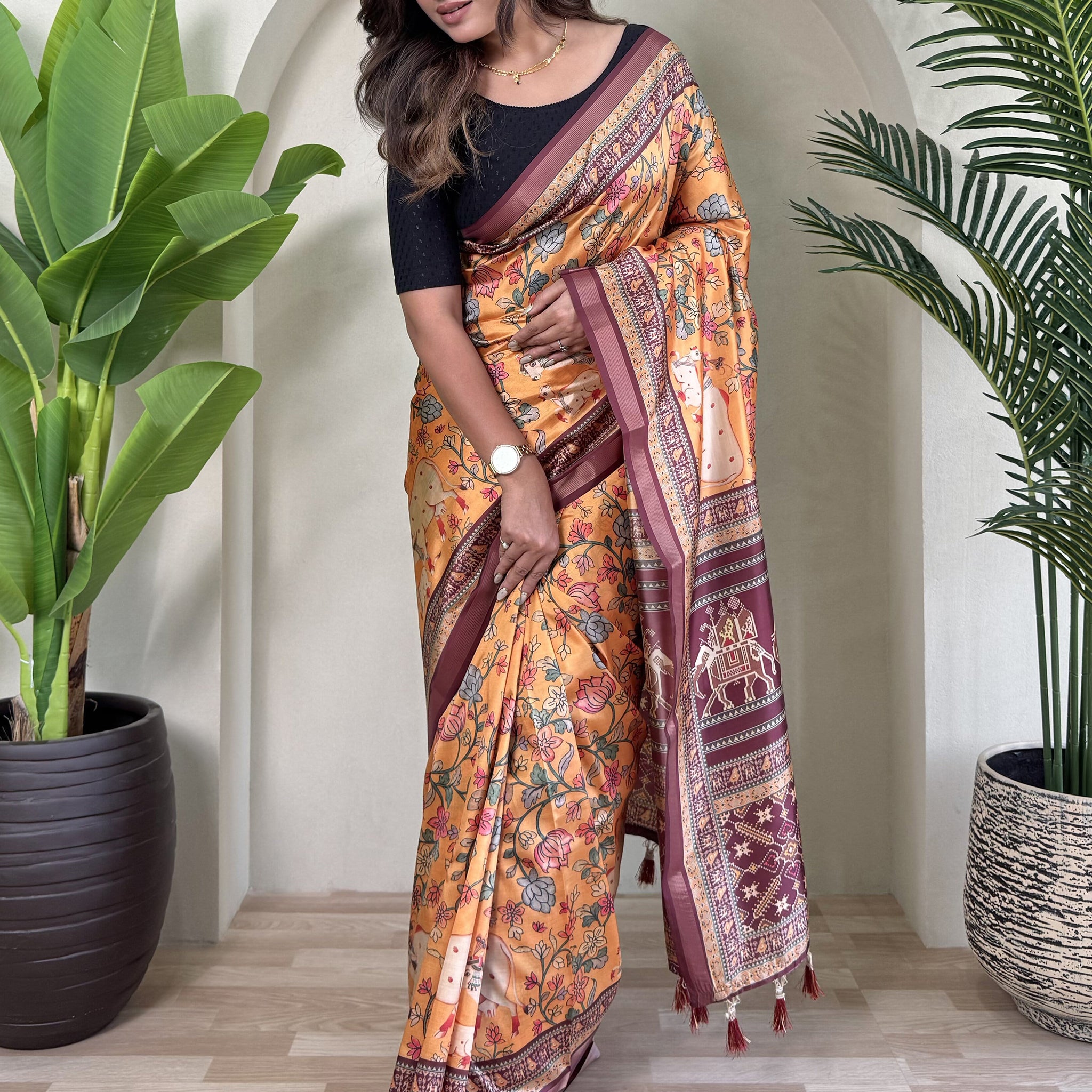 Stunning Orange Pichwai Printed Viscose Silk Office Wear Saree