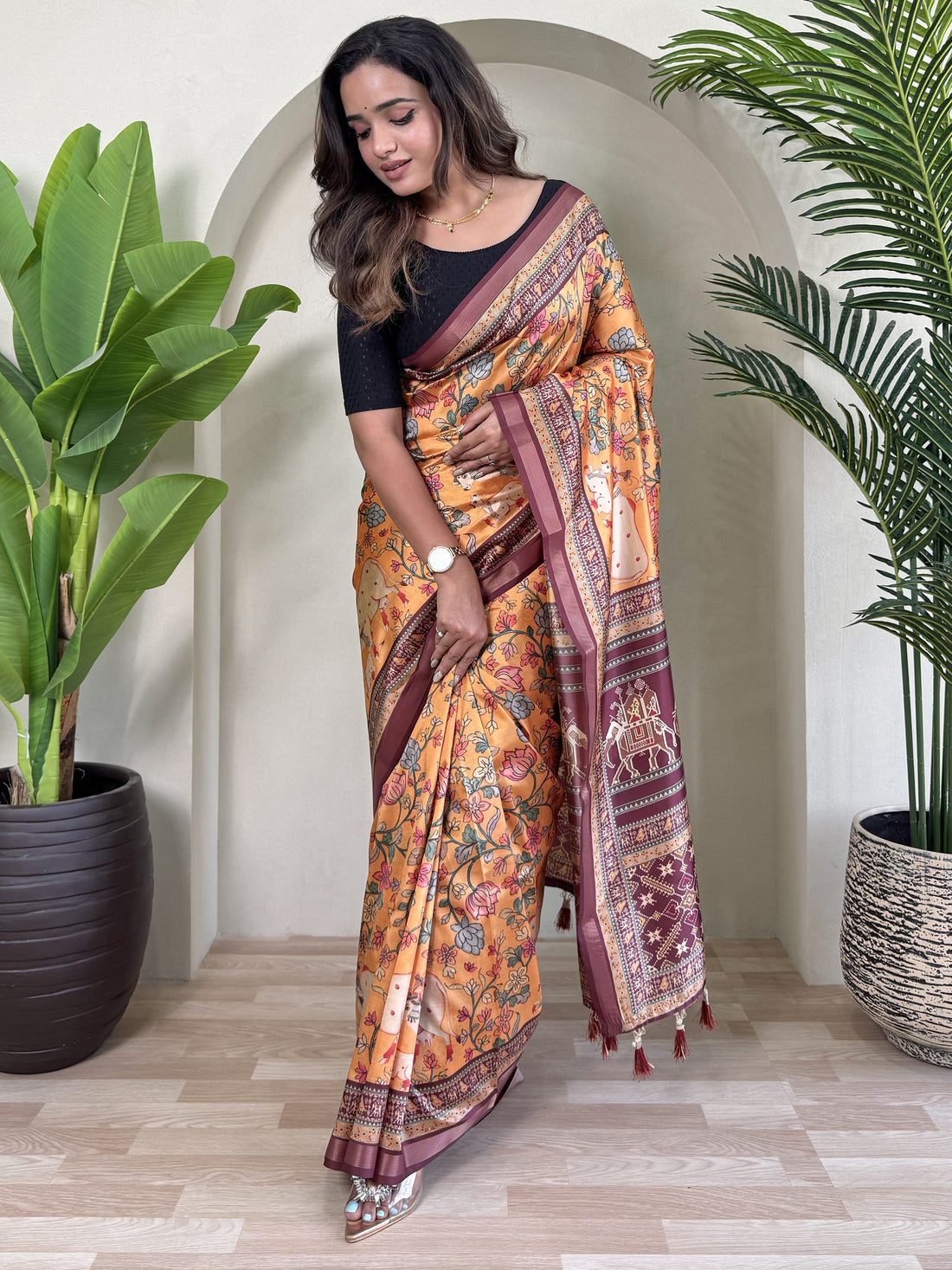Stunning Orange Pichwai Printed Viscose Silk Office Wear Saree