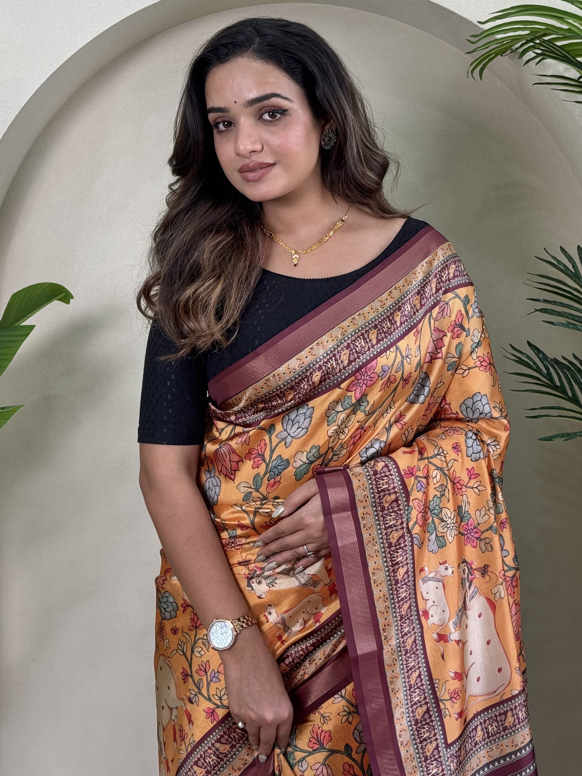 Stunning Orange Pichwai Printed Viscose Silk Office Wear Saree