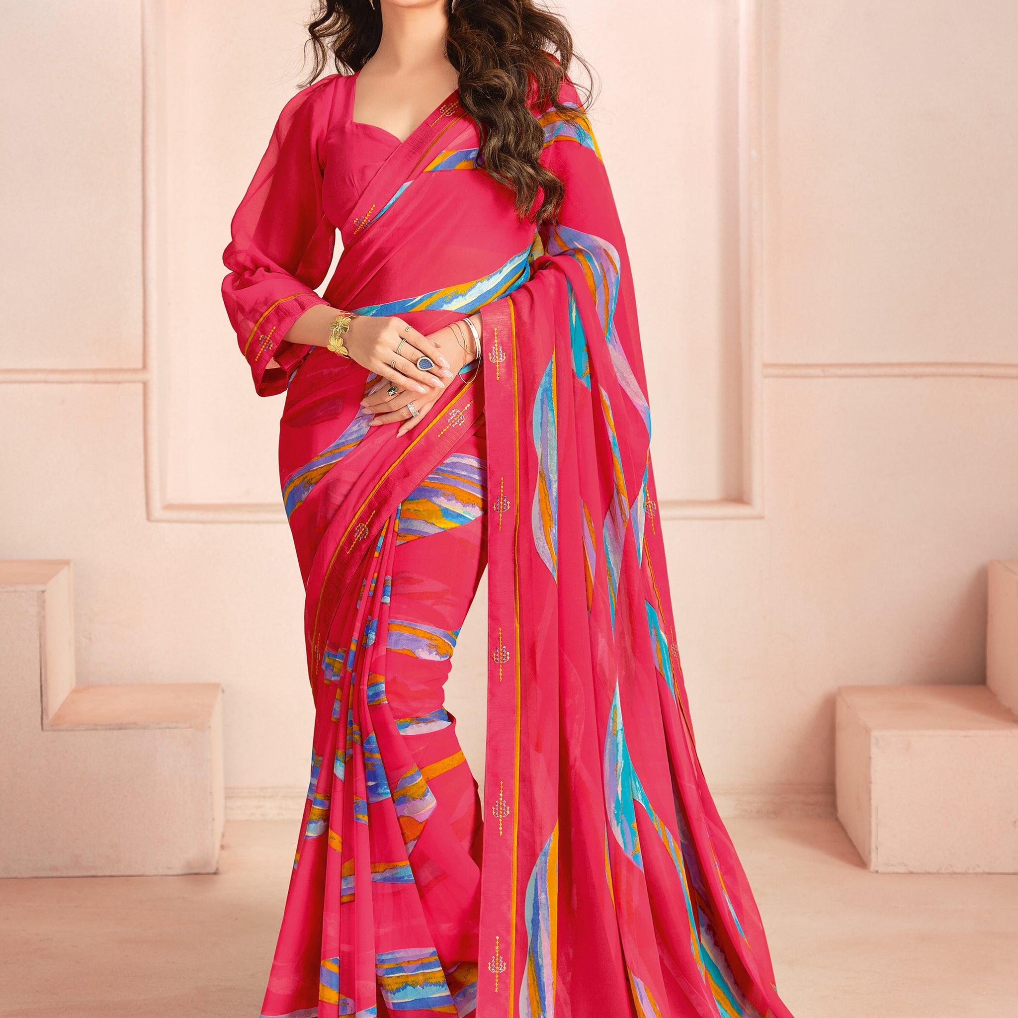 Incredible Pink Digital Printed Georgette Casual Wear Saree With Blouse