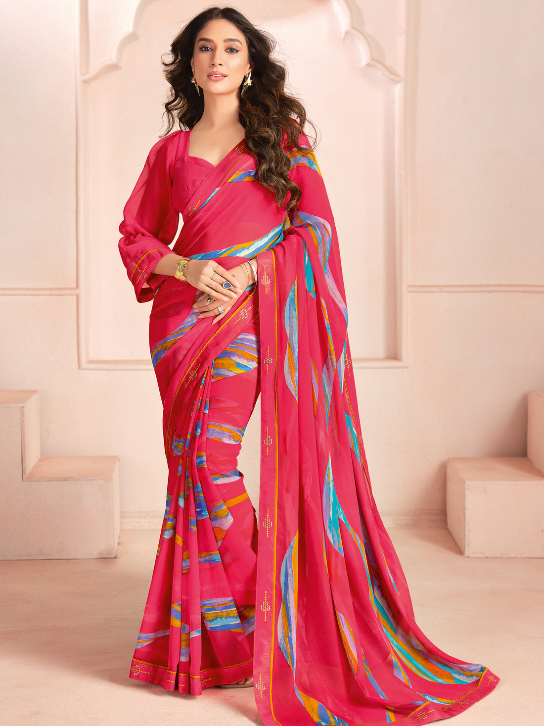 Incredible Pink Digital Printed Georgette Casual Wear Saree With Blouse