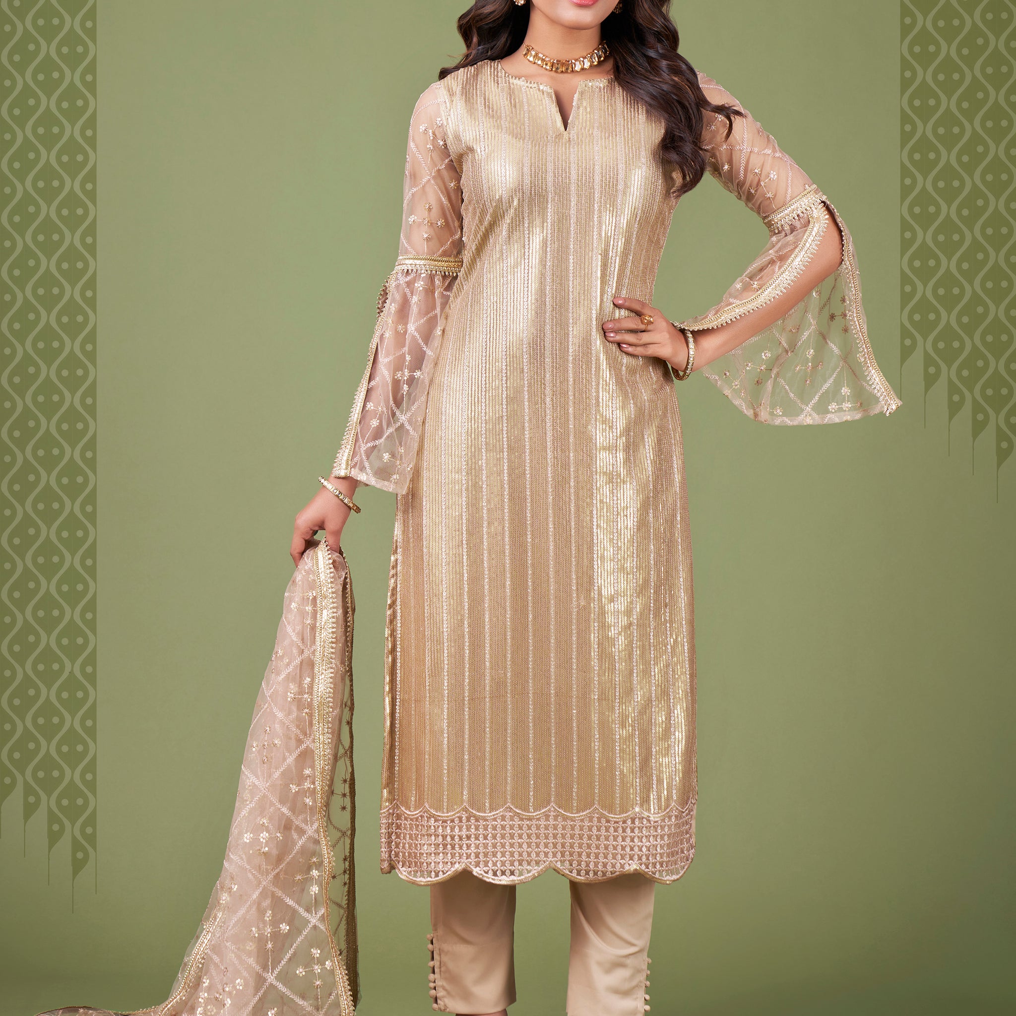 Magnificent Beige Sequins Embroidery Net Event Wear Salwar Suit