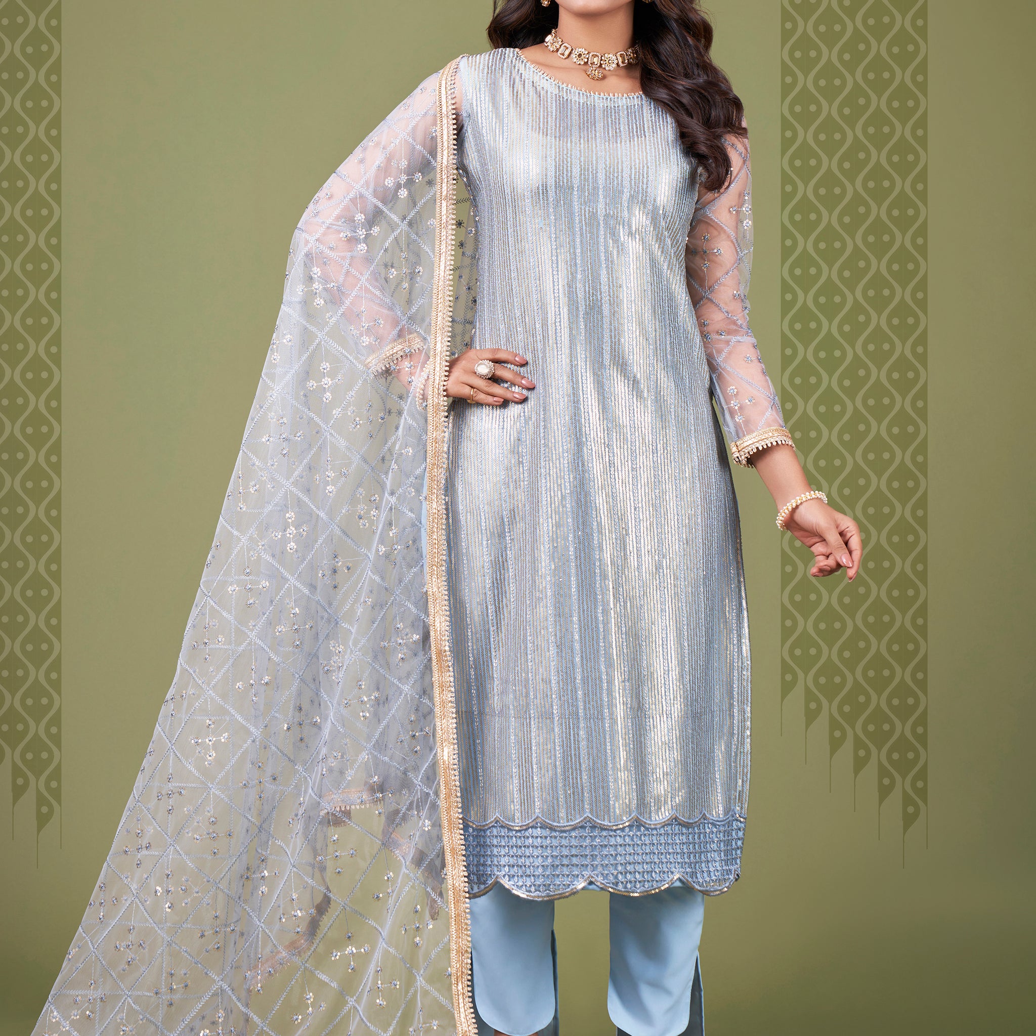 Spectacular Sky Blue Heavy Embroidery Net Salwar Suit With Dupatta