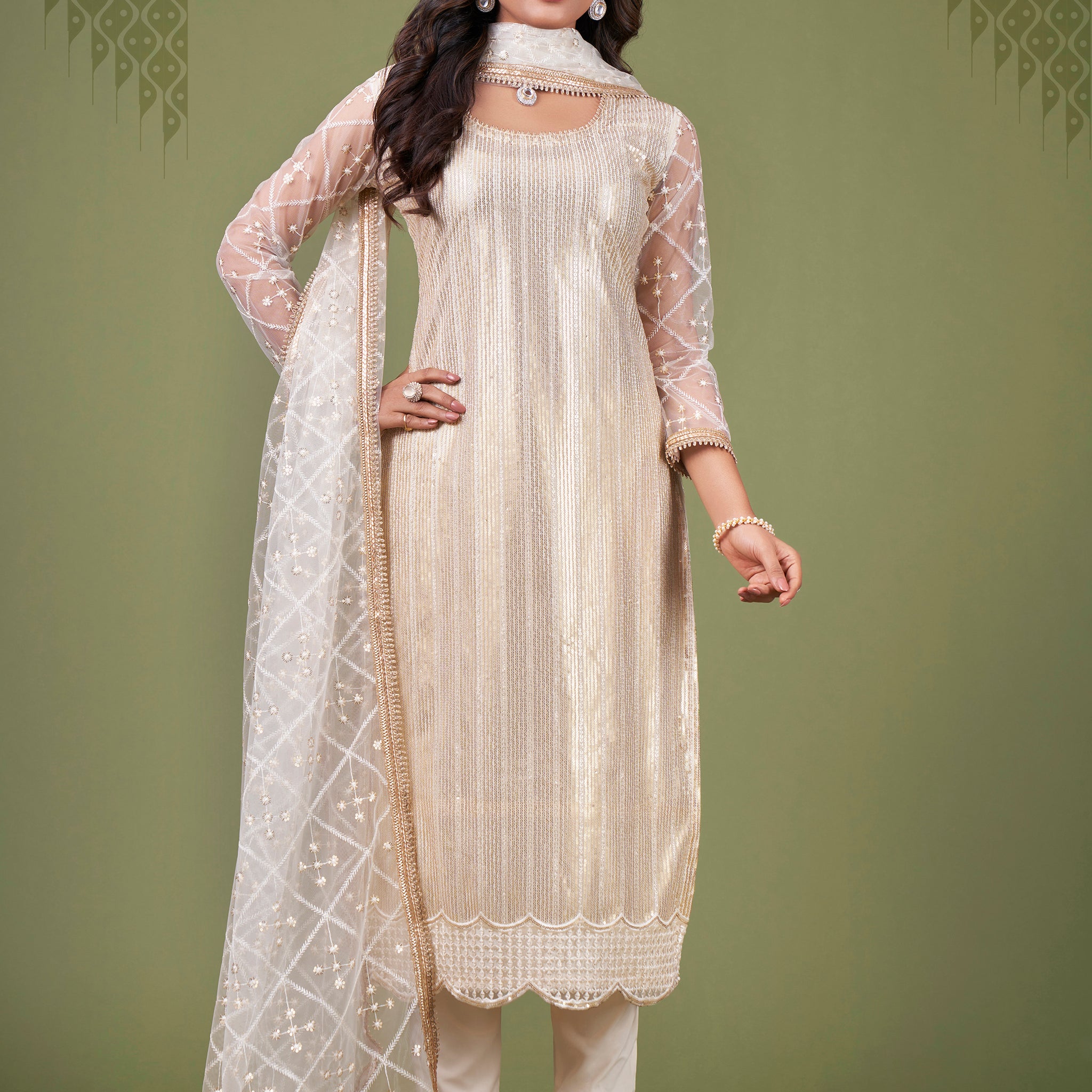 Alluring White And Cream Sequins Embroidered Net Salwar Suit
