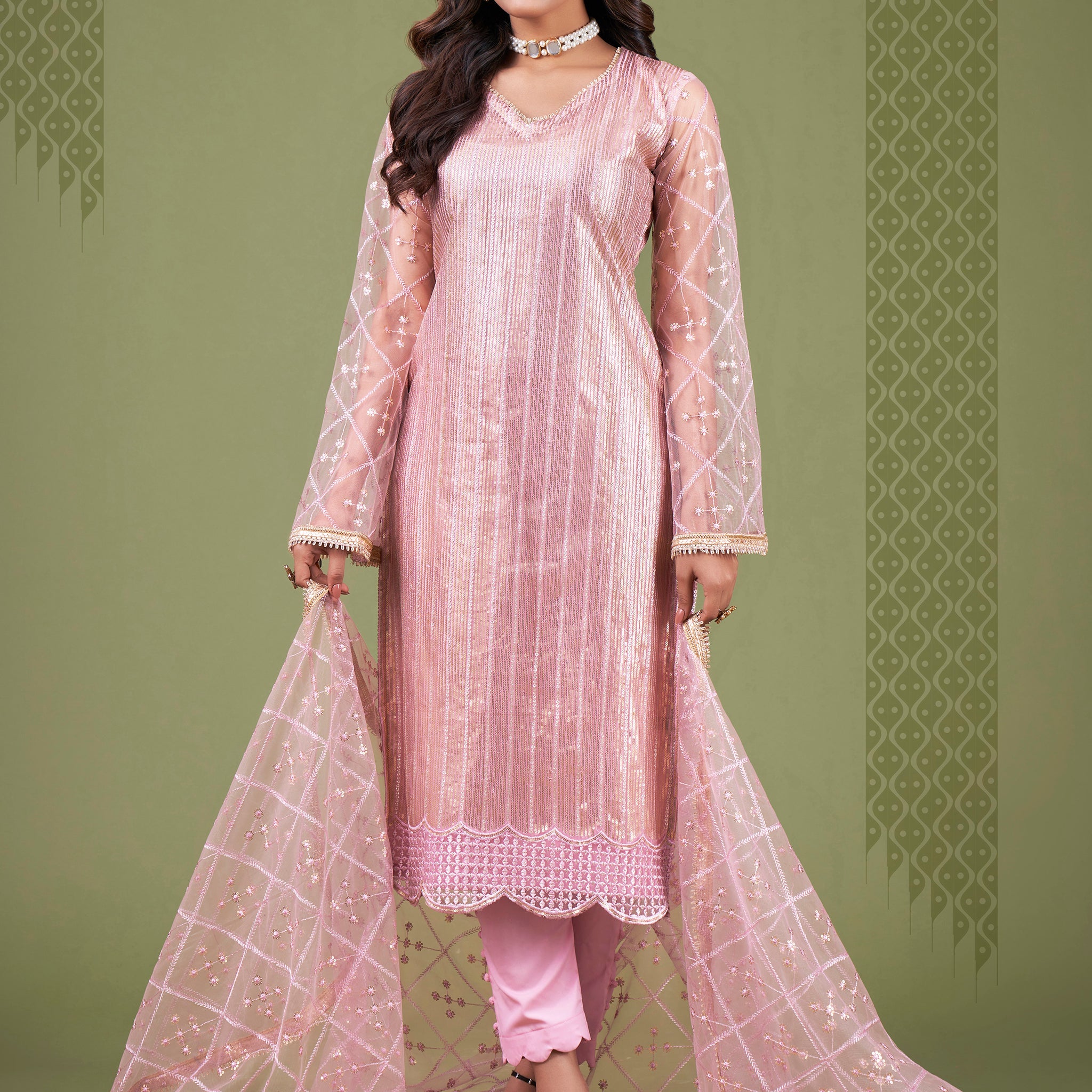Remarkable Baby Pink Sequins Work Net Festival Wear Salwar Suit