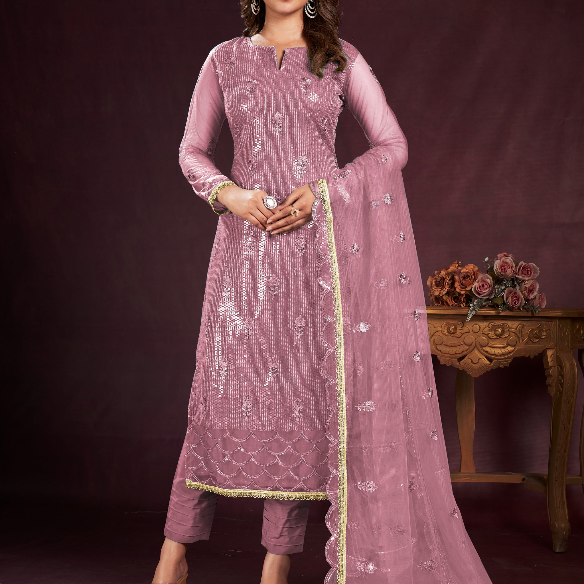 Lovely Dusty Pink Sequins Net Party Wear Salwar kameez With Dupatta