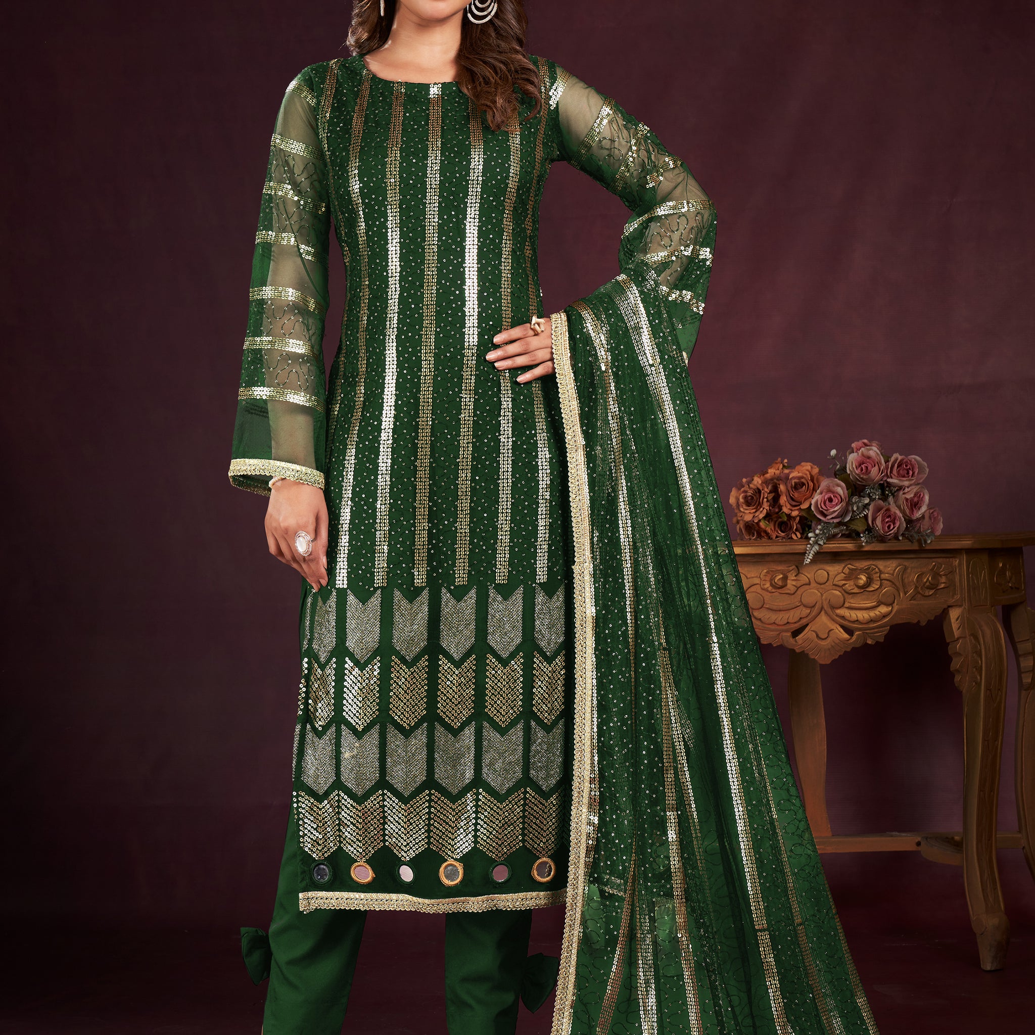 Alluring Green Sequins Net Mehendi Wear Salwar Kameez With Dupatta