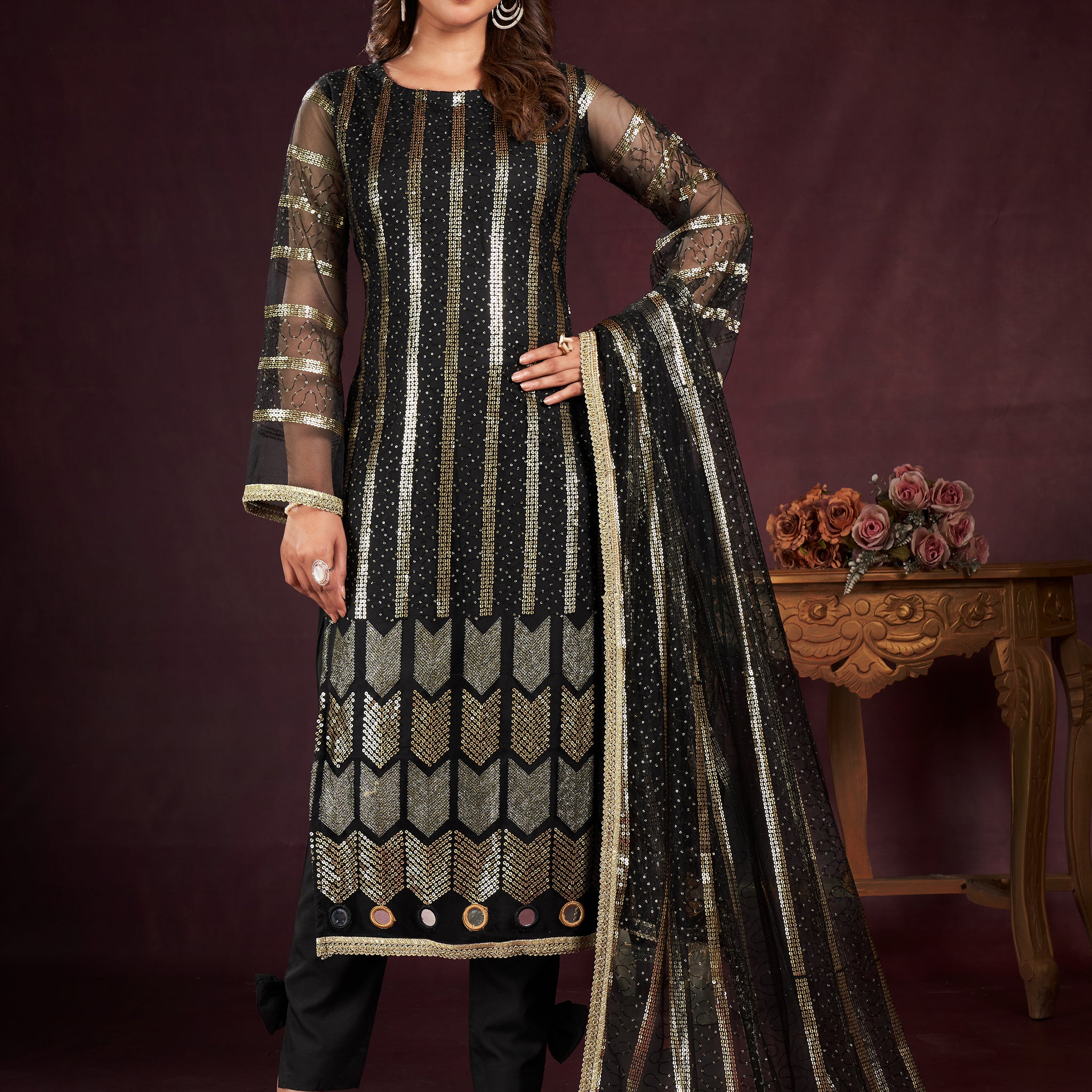 Attractive Black Sequins Net Reception Wear Salwar Kameez With Dupatta