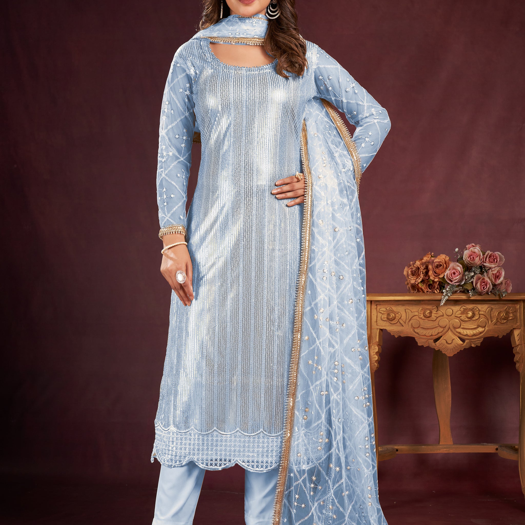 Entrancing Sky-Blue Sequins Net Traditional Salwar Kameez With Dupatta