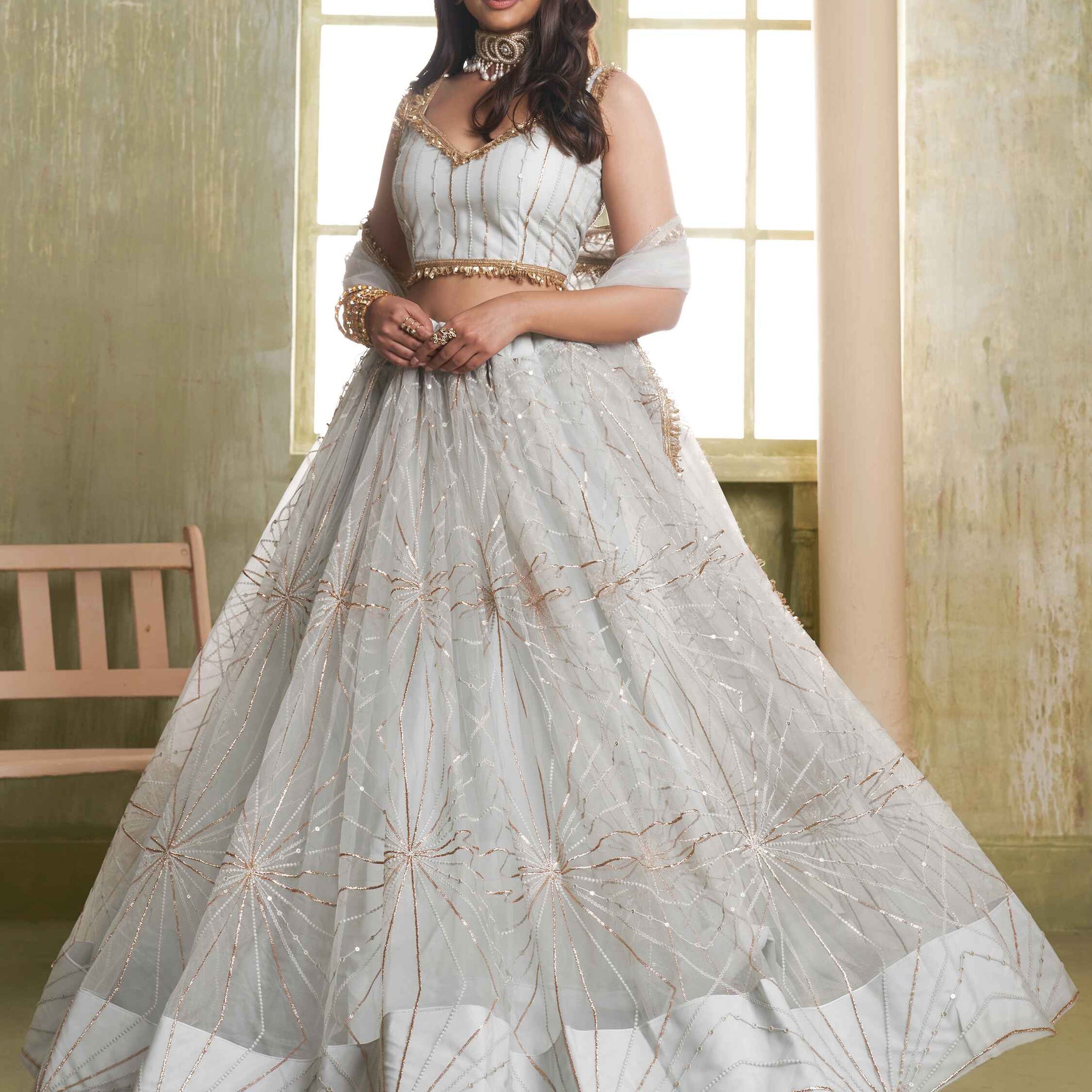 Incredible Light Grey Sequins Net Reception Wear Lehenga Choli