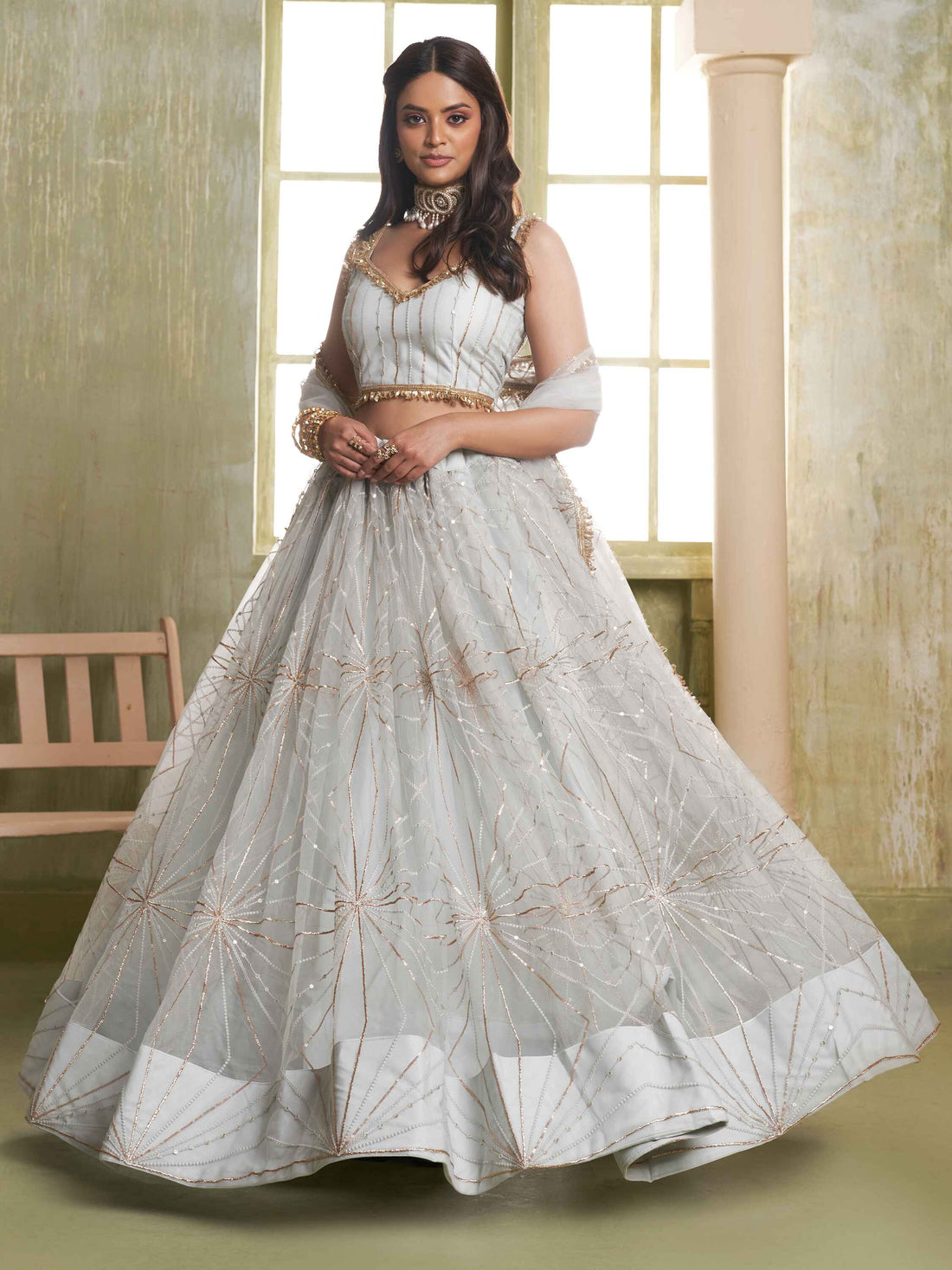 Incredible Light Grey Sequins Net Reception Wear Lehenga Choli