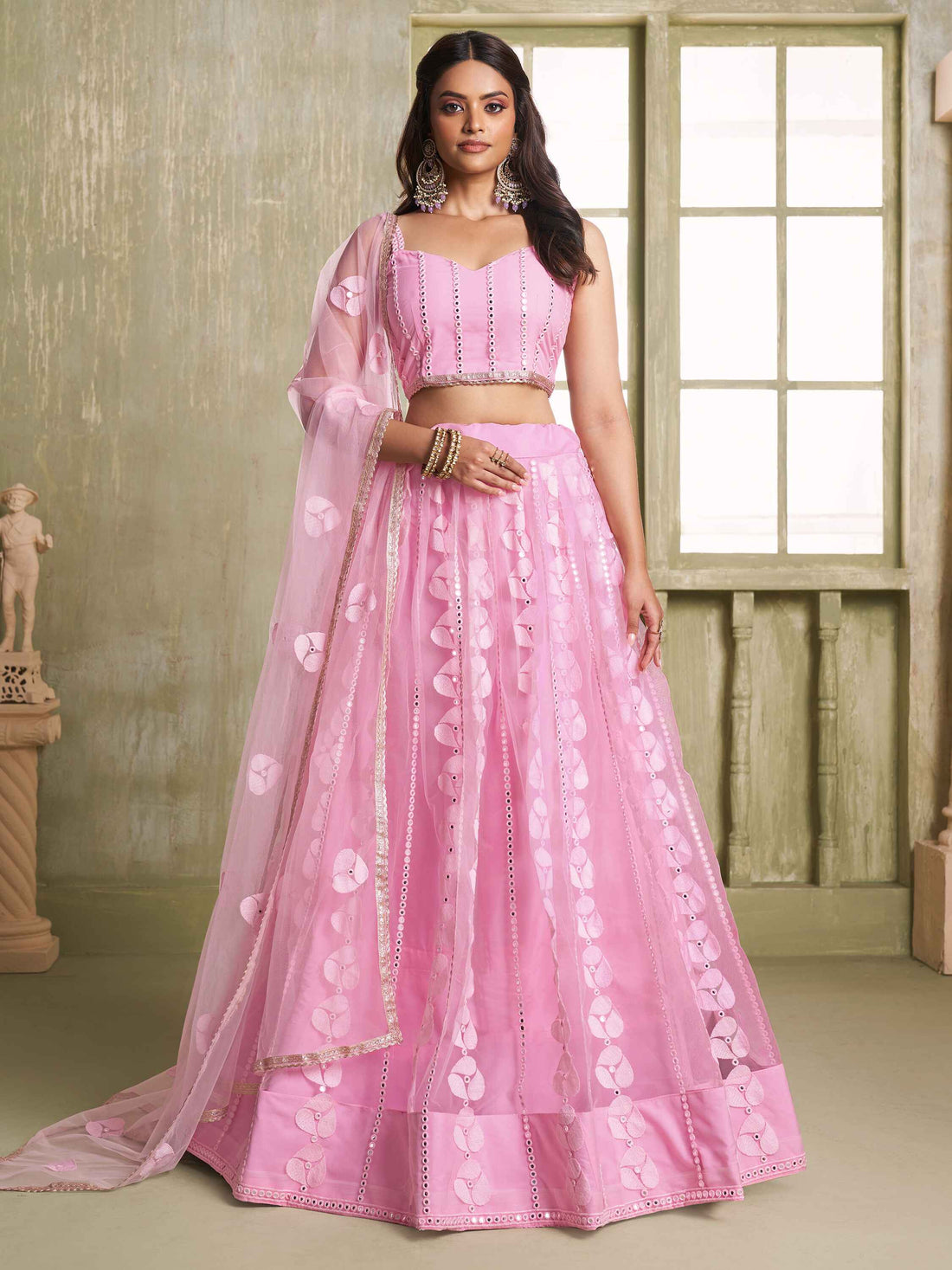 Alluring Pink Thread Work Net Bridesmaid Lehenga Choli With Dupatta