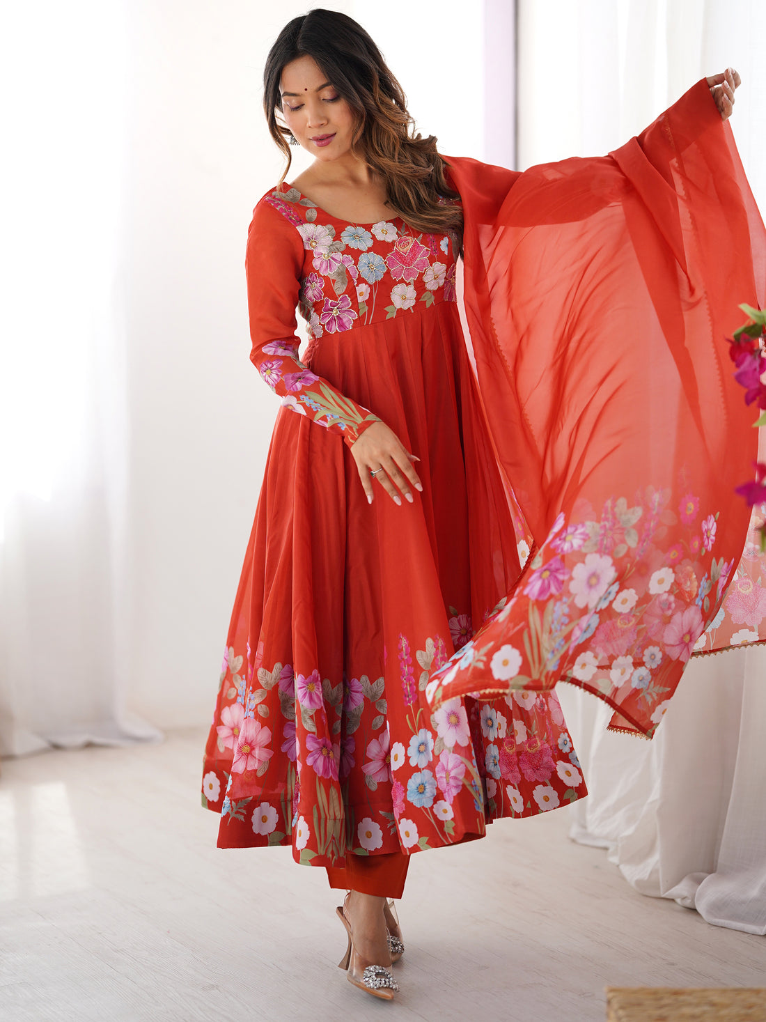 Alluring Orange Floral Printed Organza Event Wear Anarkali Suit