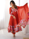 Alluring Orange Floral Printed Organza Event Wear Anarkali Suit