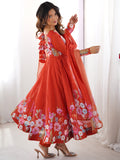 Alluring Orange Floral Printed Organza Event Wear Anarkali Suit